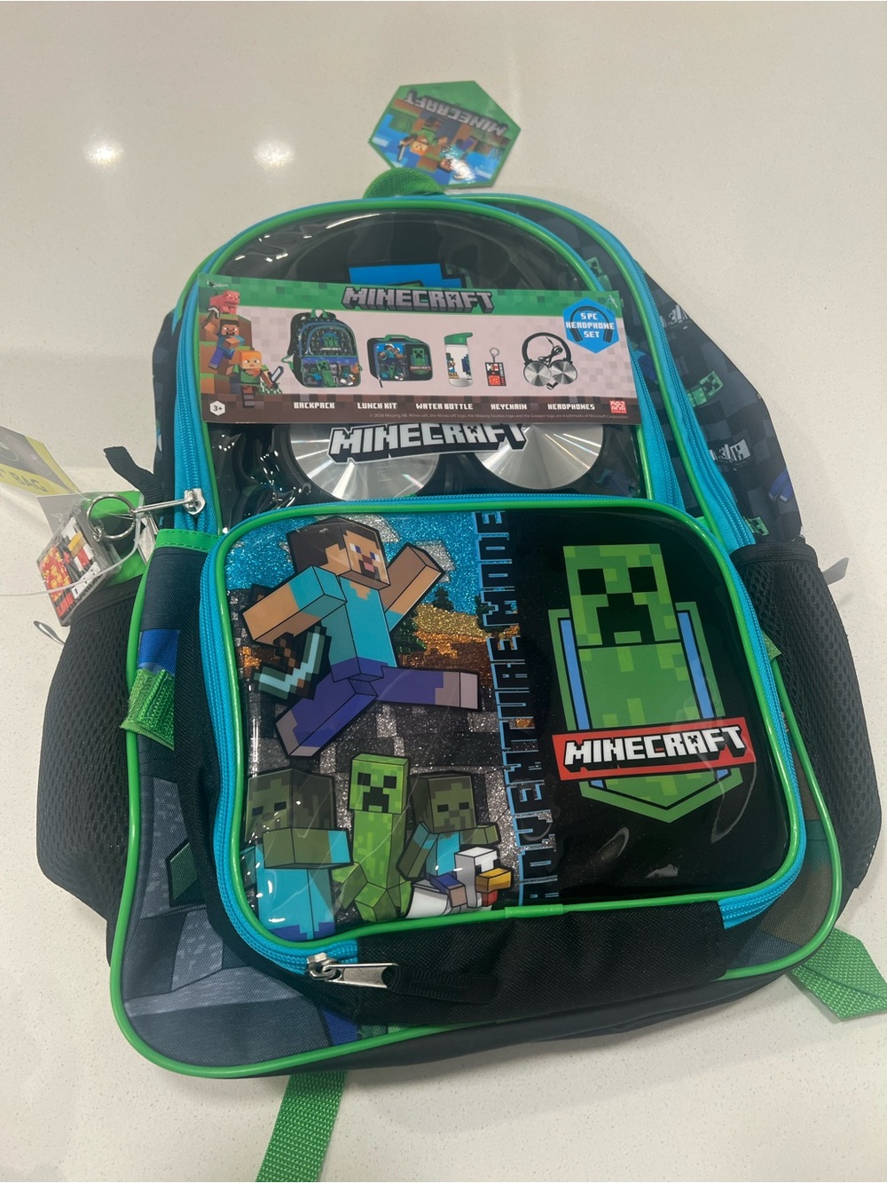 Minecraft Kids Backpack with lunch box, water bottle, headphone - 17 inches